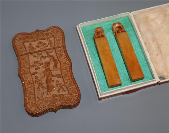 A Chinese sandalwood card case and two cased soapstone vessels
